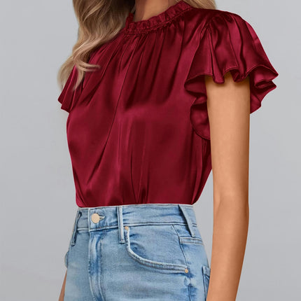 Solid Color Flutter Sleeve Blouse,Mock Neck Simple Blouse For Spring & Summer, Women's Clothing