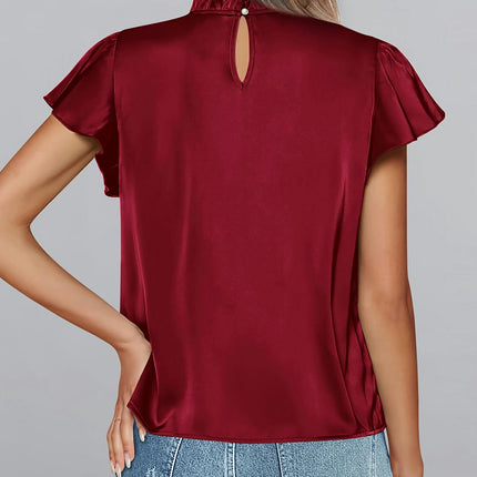 Solid Color Flutter Sleeve Blouse,Mock Neck Simple Blouse For Spring & Summer, Women's Clothing