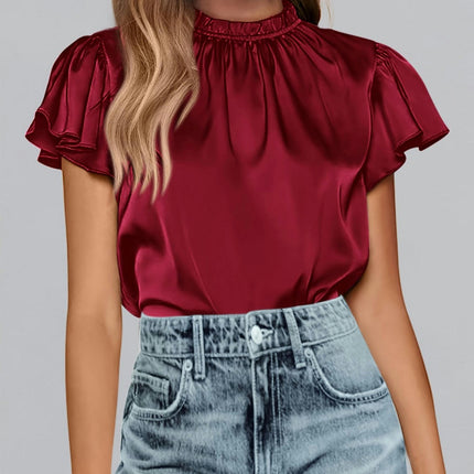 Solid Color Flutter Sleeve Blouse,Mock Neck Simple Blouse For Spring & Summer, Women's Clothing