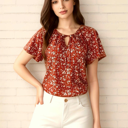 Floral Print Tie-neck Blouse, Casual Short Sleeve Blouse For Spring & Summer, Women's Clothing