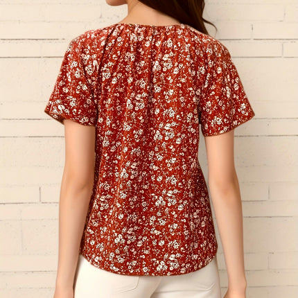 Floral Print Tie-neck Blouse, Casual Short Sleeve Blouse For Spring & Summer, Women's Clothing