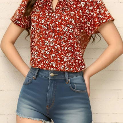 Floral Print Tie-neck Blouse, Casual Short Sleeve Blouse For Spring & Summer, Women's Clothing