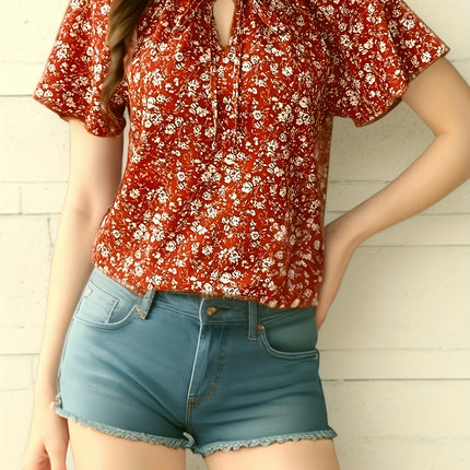 Floral Print Tie-neck Blouse, Casual Short Sleeve Blouse For Spring & Summer, Women's Clothing