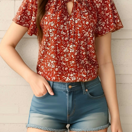 Floral Print Tie-neck Blouse, Casual Short Sleeve Blouse For Spring & Summer, Women's Clothing