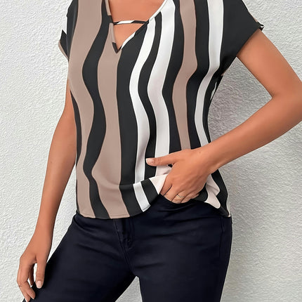 Color Block Striped V Neck Blouse,Women's Clothing Short Sleeve Blouse For Spring & Summer