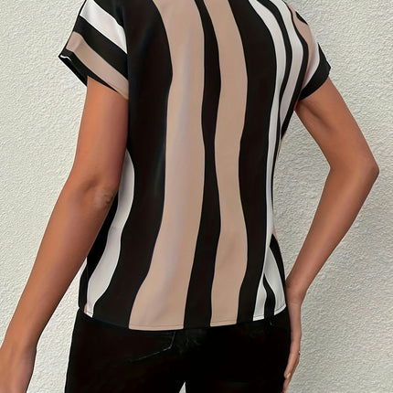 Color Block Striped V Neck Blouse,Women's Clothing Short Sleeve Blouse For Spring & Summer