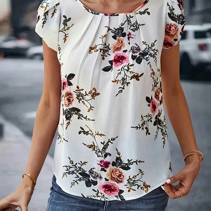 Floral Print Crew Neck Pleated Blouse, Casual Blouse For Spring & Summer, Women's Clothing