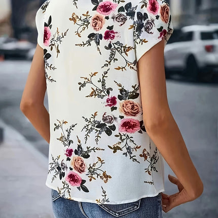 Floral Print Crew Neck Pleated Blouse, Casual Blouse For Spring & Summer, Women's Clothing