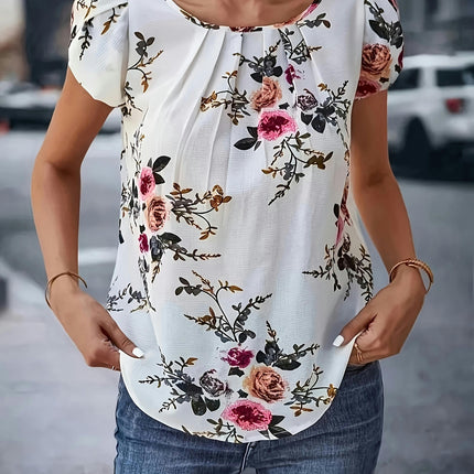 Floral Print Crew Neck Pleated Blouse, Casual Blouse For Spring & Summer, Women's Clothing