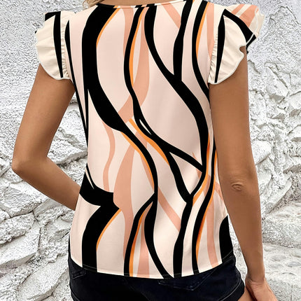 Striped V-neck Blouse, Elegant Flutter Sleeve Blouse Top For Spring & Summer, Women's Clothing