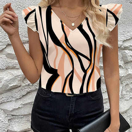 Striped V-neck Blouse, Elegant Flutter Sleeve Blouse Top For Spring & Summer, Women's Clothing