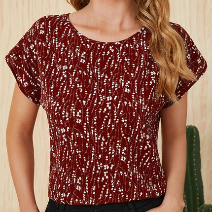 Floral Print Crew Neck Blouse, Casual Short Sleeve Blouse For Spring & Summer, Women's Clothing