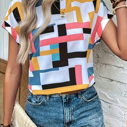 Geo Print Crew Neck Blouse, Casual Short Sleeve Blouse For Spring & Summer, Women's Clothing