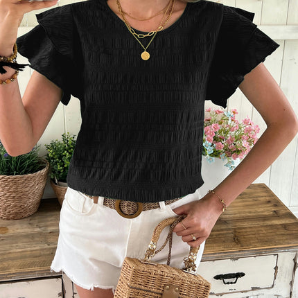 Textured Butterfly Sleeve Blouse,Solid Color Crew Neck Top For Spring & Summer, Women's Clothing