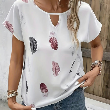 Feather Print Batwing Blouse - Chic Cut Out Design, Elegant Spring & Summer Top for Women