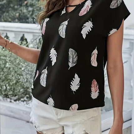 Feather Print Batwing Blouse - Chic Cut Out Design, Elegant Spring & Summer Top for Women