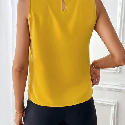 Elegant Pleated Sleeveless Blouse For Spring & Summer, Women's Solid Color Crew Neck Blouse