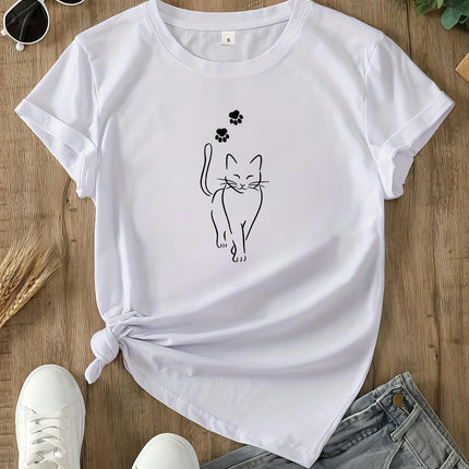 Women's Cute Cat Print T-Shirt - Comfy Short Sleeve, Round Neck Casual Top