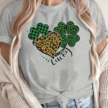 Women's Casual Crew Neck T-Shirt with Heart Print - Soft Polyester, Perfect for All Seasons