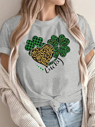 Women's Casual Crew Neck T-Shirt with Heart Print - Soft Polyester, Perfect for All Seasons