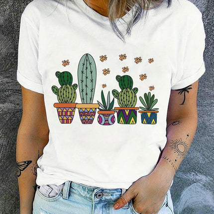 Women's Cactus Graphic Print T-Shirt - Casual Crew Neck Short Sleeve Tee Top for All Seasons