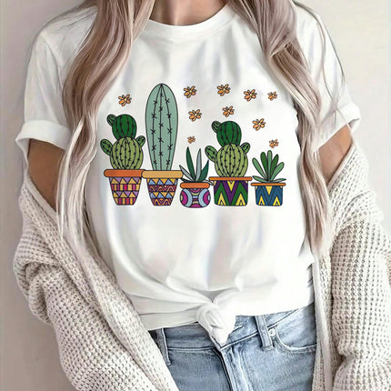 Women's Cactus Graphic Print T-Shirt - Casual Crew Neck Short Sleeve Tee Top for All Seasons