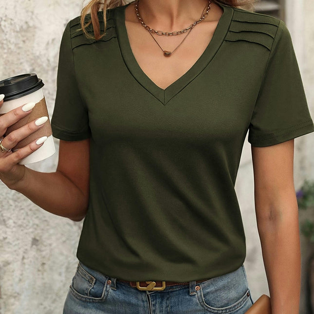 Solid Color V Neck T-Shirt, Casual Short Sleeve T-Shirt For Spring & Summer, Women's Clothing