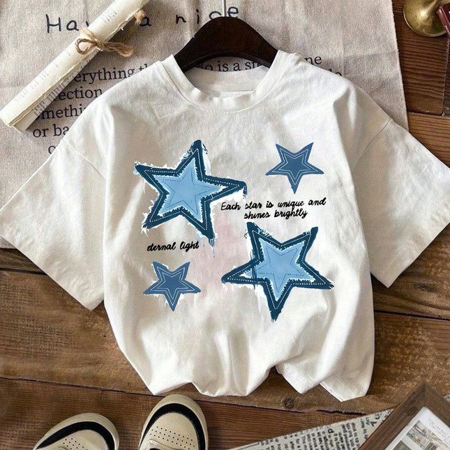 Comfortable Star Print Short Sleeve Crew Neck T-Shirt - Women's Casual Summer & Spring Top