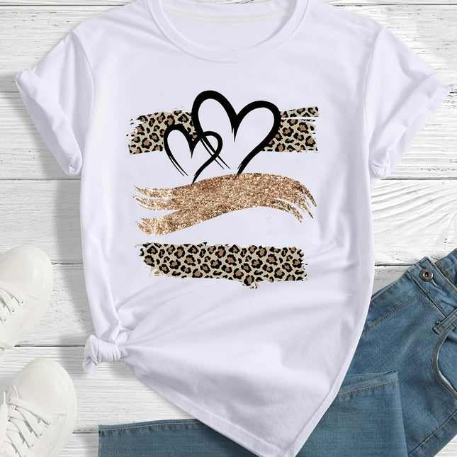 Heart Print Short Sleeve Crew Neck T-Shirt for Summer, Casual Daily Wear, Outdoor and Travel