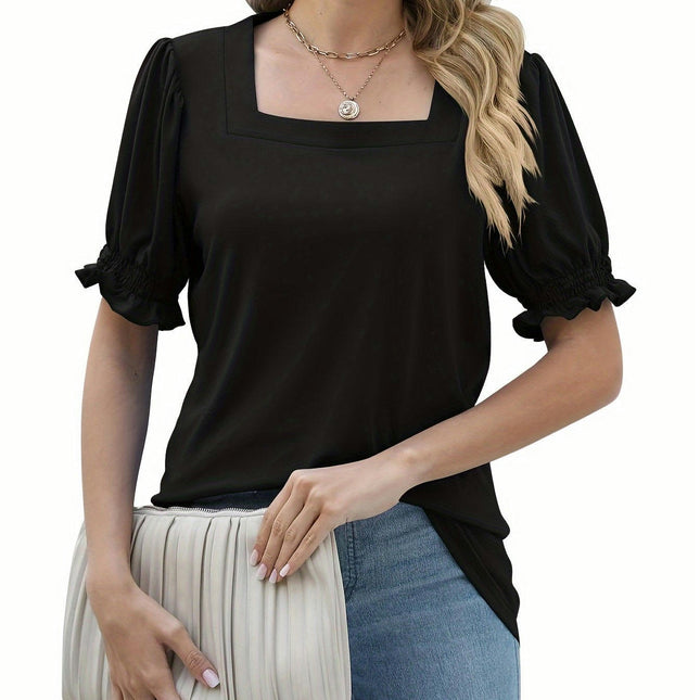 Ruffle Trim Square Neck T-Shirts for Women-Summer Casual Tops with Sleeve - Breathable, Soft Tees