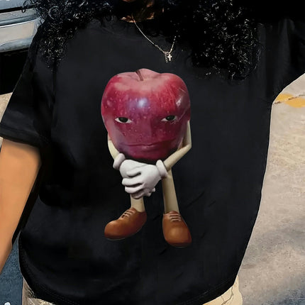 Women's Cartoon Apple Printed T-shirt-Casual Short Sleeve round Neck Top, Spring and Summer T-shirt