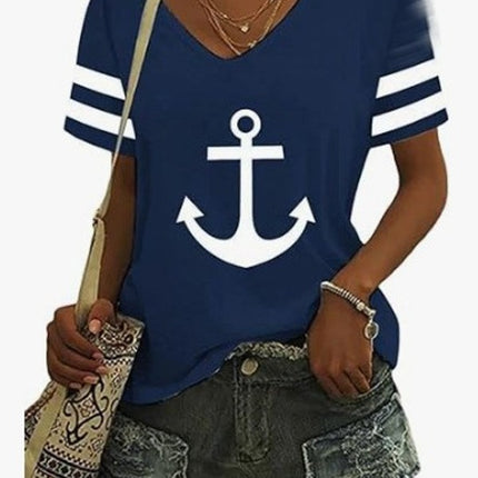 Anchor Print Crew Neck T-shirt, Casual Short Sleeve Top For Spring & Summer, Women's Clothing