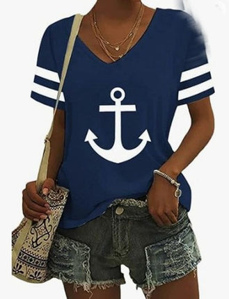 Anchor Print Crew Neck T-shirt, Casual Short Sleeve Top For Spring & Summer, Women's Clothing