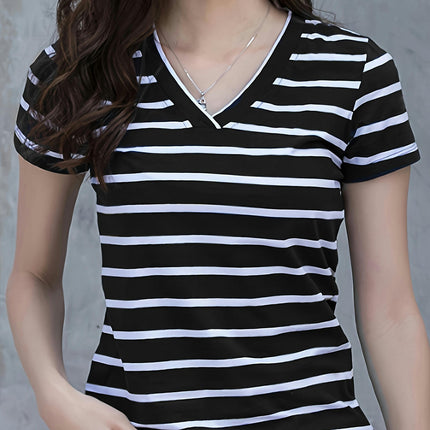 Striped Print V Neck T-shirt, Casual Short Sleeve Top For Spring & Summer, Women's Clothing