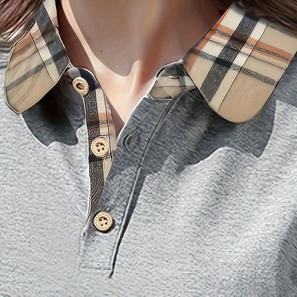 Plaid Print Button Collared T-shirt, Casual Short Sleeve Top For Spring & Summer, Women's Clothing