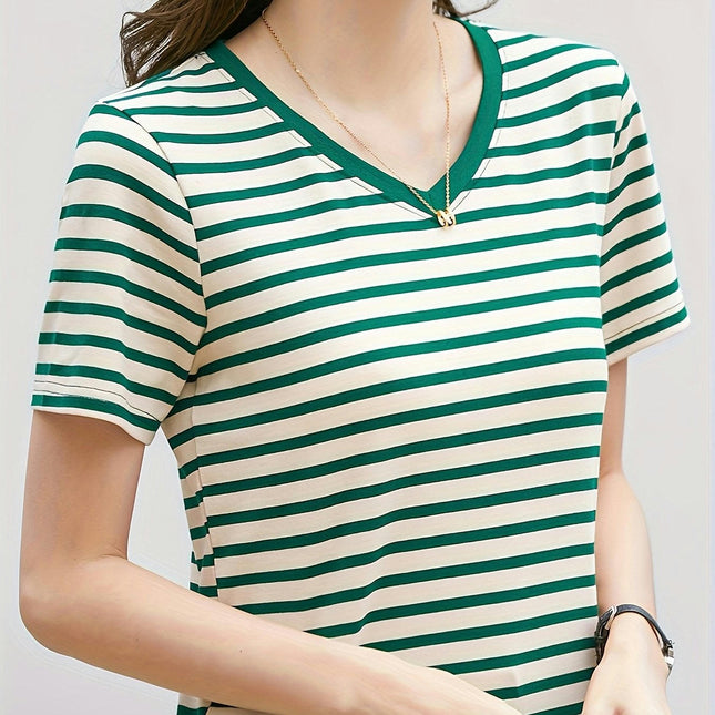 V-Neck Tee - Breezy Striped Pattern, Summer-Ready Short Sleeves, Comfort Fit for Women