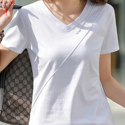 Womens Charming Solid Color V-Neck T-Shirt - Soft & Breathable Short Sleeve Top for Spring & Summer