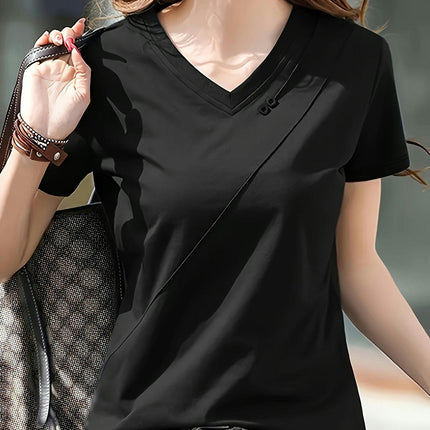 Womens Charming Solid Color V-Neck T-Shirt - Soft & Breathable Short Sleeve Top for Spring & Summer