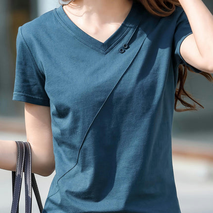 Womens Charming Solid Color V-Neck T-Shirt - Soft & Breathable Short Sleeve Top for Spring & Summer