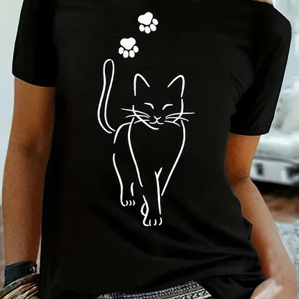 Cat Print T-shirt, Short Sleeve Crew Neck Casual Top For Summer & Spring, Women's Clothing