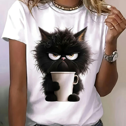 Cat Print Crew Neck T-Shirt, Casual Short Sleeve Top For Spring & Summer, Women's Clothing