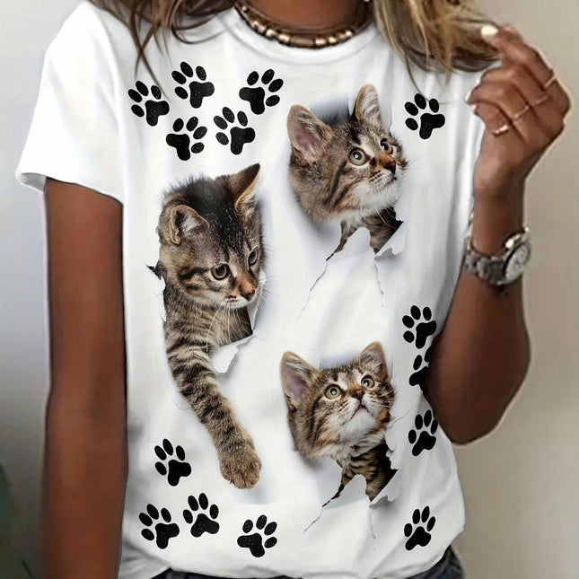 Cute Cat Paw Print Women's T-Shirt, Casual Crew Neck Short Sleeve T-Shirt For Spring & Summer