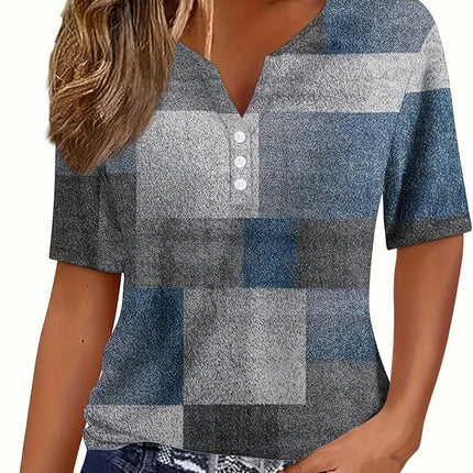 Button Notch Neck T-Shirt, Casual Short Sleeve T-Shirt For Spring & Summer, Women's Clothing