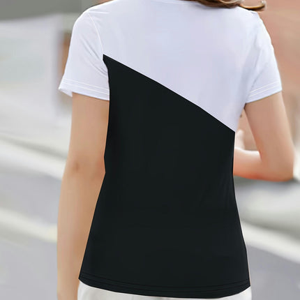 Color Block Notched Neck T-Shirt, Short Sleeve T-Shirt For Spring & Summer, Women's Clothing