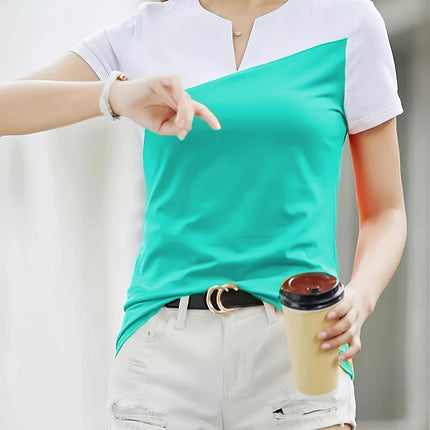 Color Block Notched Neck T-Shirt, Short Sleeve T-Shirt For Spring & Summer, Women's Clothing