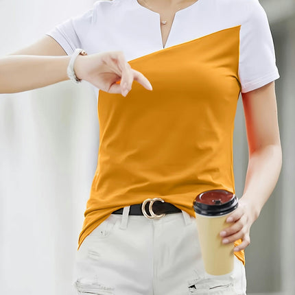 Color Block Notched Neck T-Shirt, Short Sleeve T-Shirt For Spring & Summer, Women's Clothing