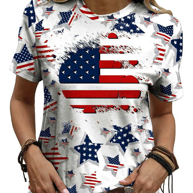 American Flag Print Crew Neck T-Shirt-Breathable, Short Sleeve, Casual Top for Spring & Summer