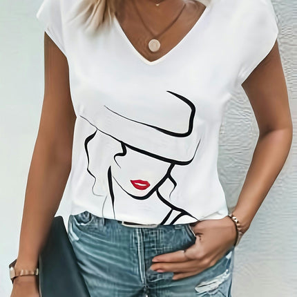 Graphic Print V Neck T-shirt, Casual Cap Sleeve Top For Spring & Summer, Women's Clothing