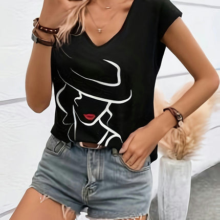 Graphic Print V Neck T-shirt, Casual Cap Sleeve Top For Spring & Summer, Women's Clothing