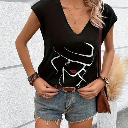 Graphic Print V Neck T-shirt, Casual Cap Sleeve Top For Spring & Summer, Women's Clothing